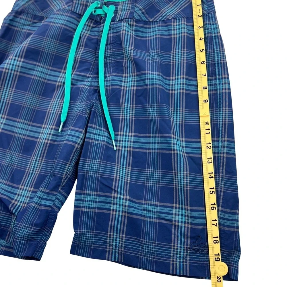 PrAna Swim Trunks Board Shorts‎ Men 34 Blue Teal Plaid Hike UPF 50+ Unlined   9